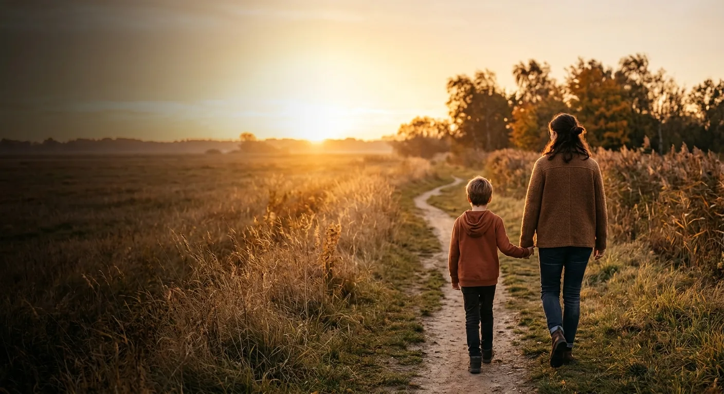 Eine Pflegemutter und ein Kind gehen im Herbst Hand in Hand einen Feldweg entlang, von hinten gesehen.